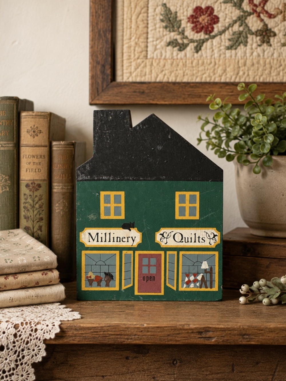 Vintage 1984 The Cat’s Meow Millinery Quilts Shop Wooden Shelf Sitter